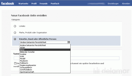 Facebook Seiten f&uuml;r Musiker oder Band ausw&auml;hlen