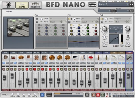 FXpansion BFD Nano virtuelles Instrument für akustisches Schlagzeug Mischpultansicht beim FXpansion BFD Nano