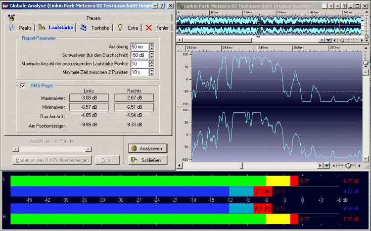Diese Abbildung zeigt einen mit durchschnittlich ca. minus 5dB/RMS recht laut gemasterten Titel von Linkin Park´s Album „Meteora“ (die durchschnittliche Lautheit ist sowohl der Globalen Analyse, als auch dem Lautheitsmetering = blaue Balken zu entnehmen). Es sind deutliche Vollaussteuerungsketten zu erkennen, die unbedingt zu vermeiden sind. Der Engineer (Brian „Big Bass“ Gardner aus dem Bernie Grundman Mastering Studio) hat wohl wissend der Gefahren weiterer Artefakte durch mp3-Codierung, einen Headroom von minus 0,77 dB (gesamter Song) eingehalten (roter Wert am Peakmeter). Das ist leider selbst bei Topmasterings nicht immer der Fall. Die Pleasurize Music Foundation empfiehlt einen Headroom von 0,3 dB zur Vollaussteuerung.