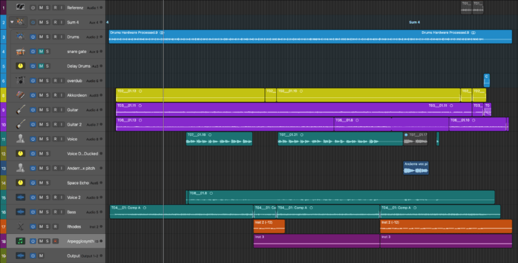 Der Kern eines Arrangierfensters (engl.: »arranger view«, »arranger window« etc.) in einer DAW Software (hier: Apple Logic Pro X) - Abmischen Tutorial