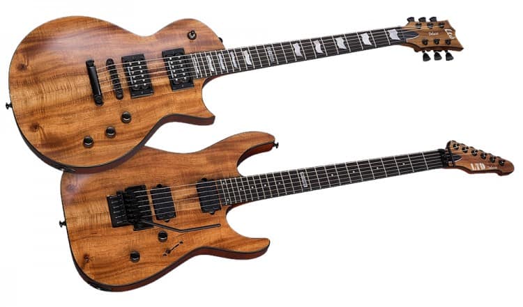 ESP LTD Deluxe 1000 Koa-Serie: EC 1000 Koa (oben) und M 1000 Koa (unten).