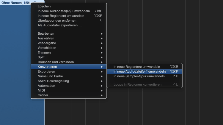 Logic Pro X - Mikro Aufnahme Fehler - Kontextmenü