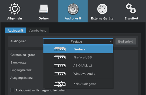 Treiber in DAW einstellen