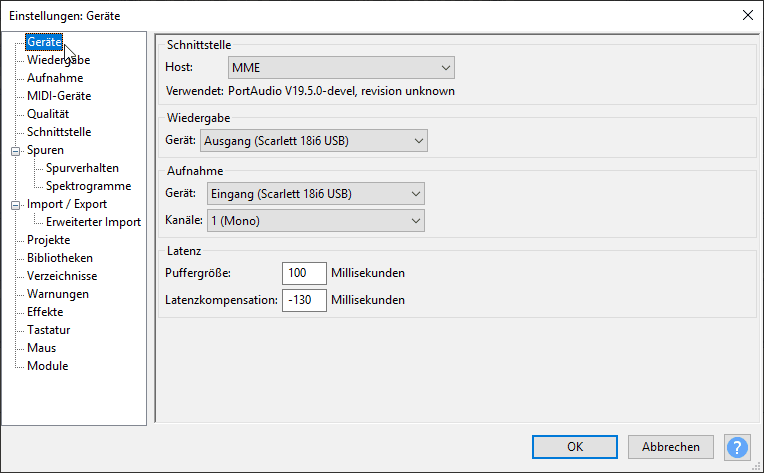 Die Audio-Einstellungen in Audacity