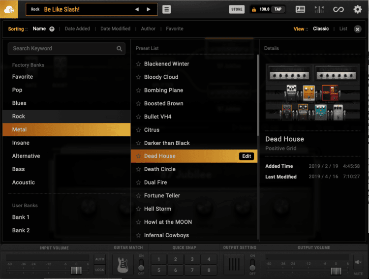 Preset-Manager beim Positive Grid Bias FX 2 Test